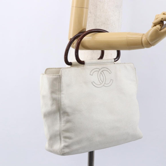 CHANEL COCO Mark Hand Bag Caviar Skin White Gold CC Auth bs30607