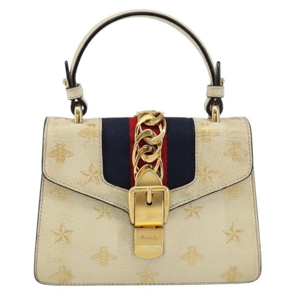 GUCCI Sherry Line Hand Bag Leather White Gold Navy 470270 Auth bs30628