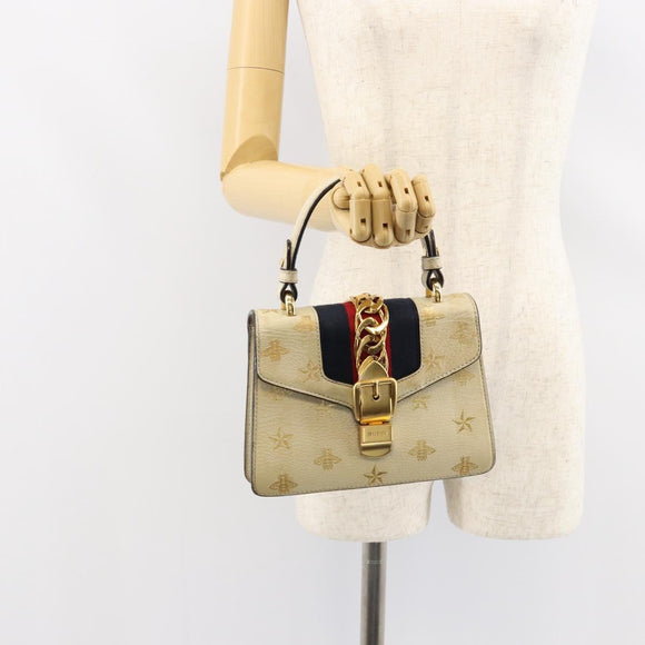 GUCCI Sherry Line Hand Bag Leather White Gold Navy 470270 Auth bs30628