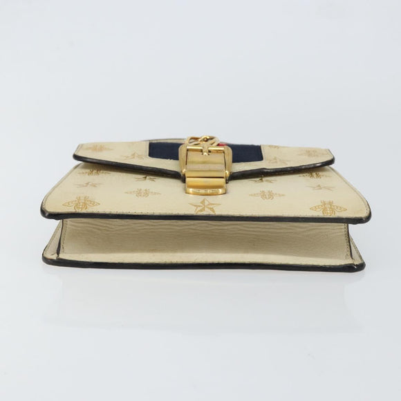 GUCCI Sherry Line Hand Bag Leather White Gold Navy 470270 Auth bs30628