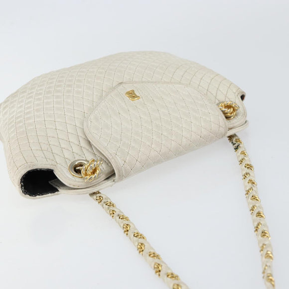 BALLY Chain Shoulder Bag Leather White Gold Auth bs30645