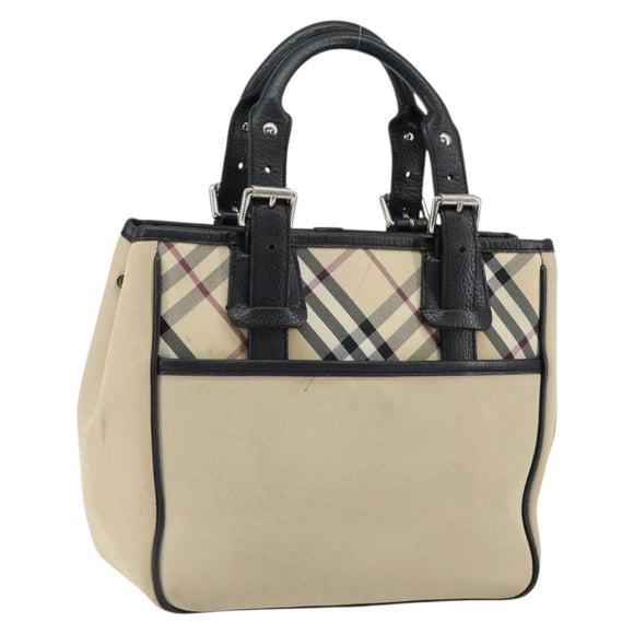 BURBERRY Nova Check Hand Bag Canvas Beige Silver Auth bs30646