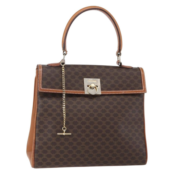 CELINE Macadam Canvas Handtasche PVC Leder Braun Gold Auth bs30654