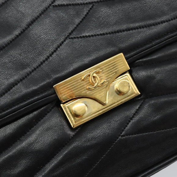 CHANEL Chain Shoulder Bag Lamb Skin Black Gold CC Auth bs30716