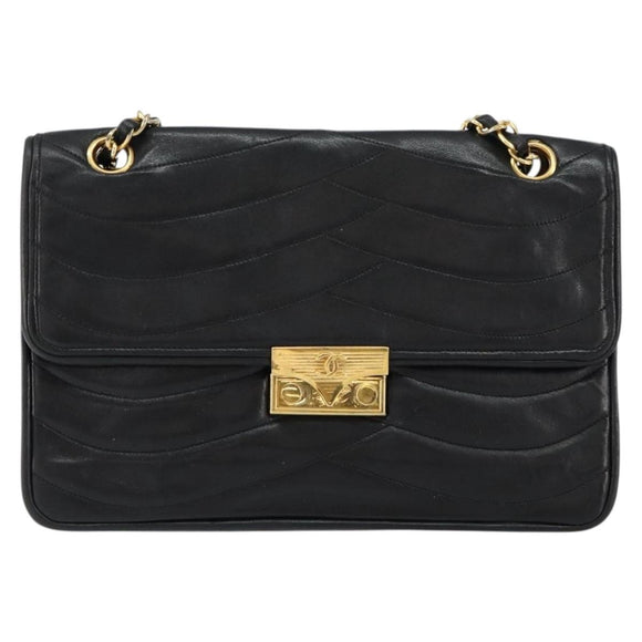 CHANEL Chain Shoulder Bag Lamb Skin Black Gold CC Auth bs30716