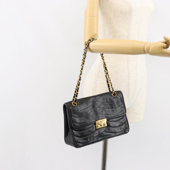 CHANEL Chain Shoulder Bag Lamb Skin Black Gold CC Auth bs30716