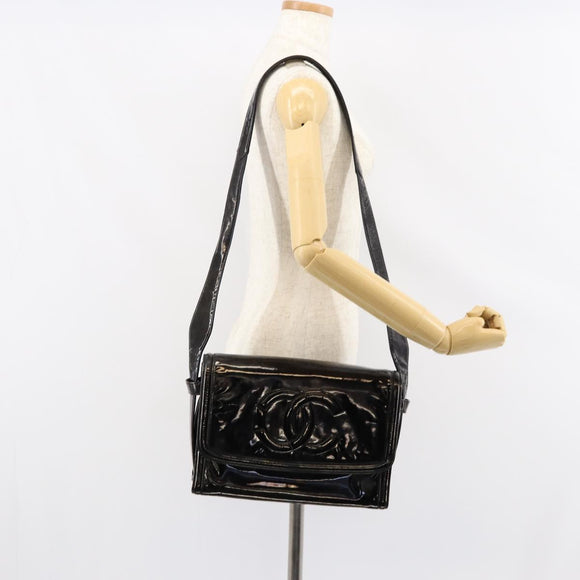 CHANEL Shoulder Bag Enamel Black Gold CC Auth bs30719