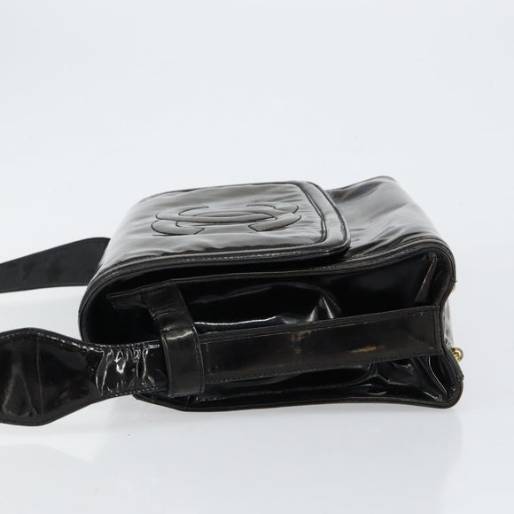 CHANEL Shoulder Bag Enamel Black Gold CC Auth bs30719