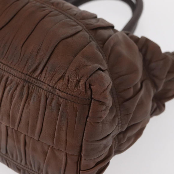 PRADA Gathered Hand Bag Leather Brown Gold Auth bs30722