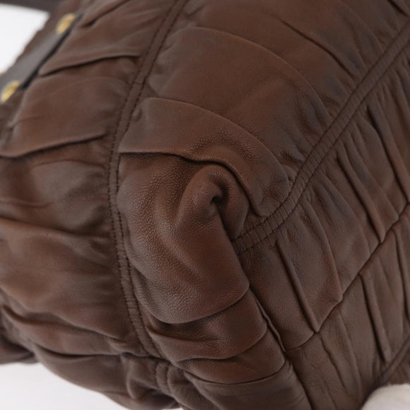 PRADA Gathered Hand Bag Leather Brown Gold Auth bs30722
