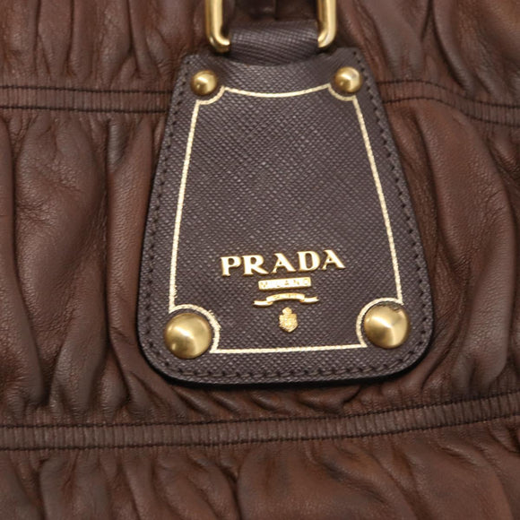 PRADA Gathered Hand Bag Leather Brown Gold Auth bs30722