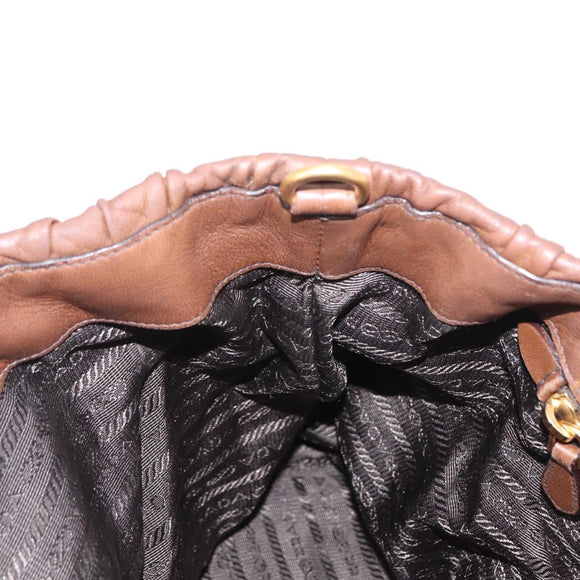 PRADA Gathered Hand Bag Leather Brown Gold Auth bs30722