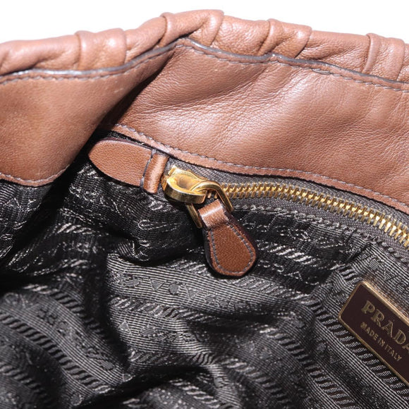 PRADA Gathered Hand Bag Leather Brown Gold Auth bs30722