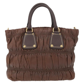 PRADA Gathered Hand Bag Leather Brown Gold Auth bs30722 - 0