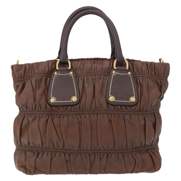 PRADA Gathered Hand Bag Leather Brown Gold Auth bs30722