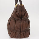 PRADA Gathered Hand Bag Leather Brown Gold Auth bs30722-3