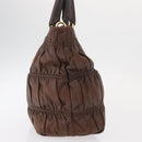 PRADA Gathered Hand Bag Leather Brown Gold Auth bs30722-4