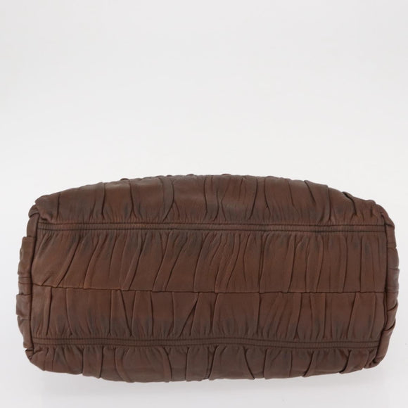 PRADA Gathered Hand Bag Leather Brown Gold Auth bs30722