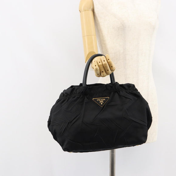 PRADA Hand Bag Nylon Leather Black Gold Auth bs30725