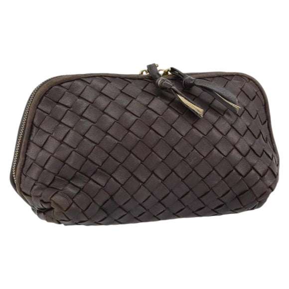 BOTTEGA VENETA INTRECCIATO Pouch Leather Brown Gold Auth bs30733