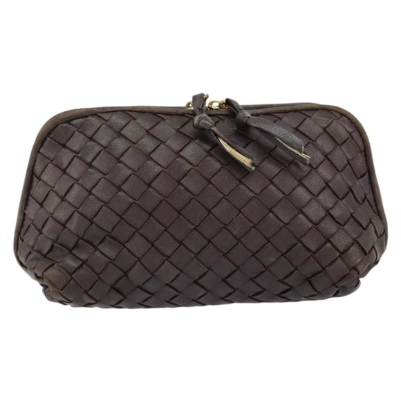 BOTTEGA VENETA INTRECCIATO Pouch Leather Brown Gold Auth bs30733