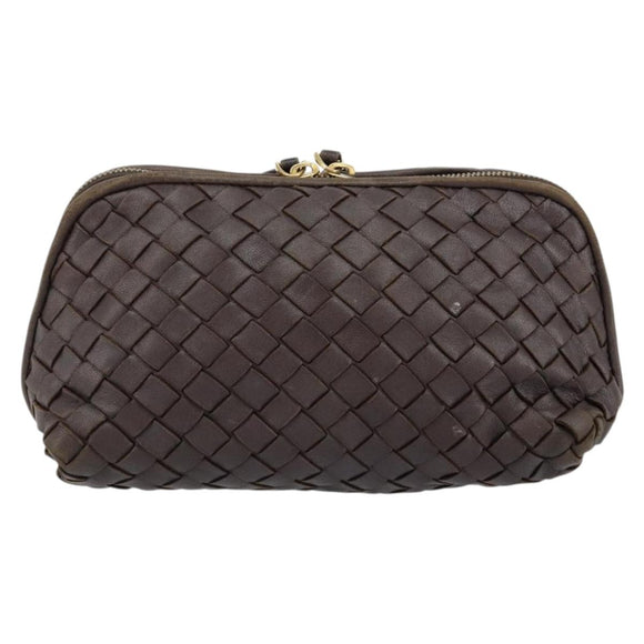 BOTTEGA VENETA INTRECCIATO Pouch Leather Brown Gold Auth bs30733