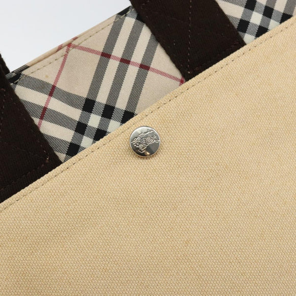 BURBERRY Nova Check Blue Label Tote Bag Nylon Beige Silver Auth bs30763