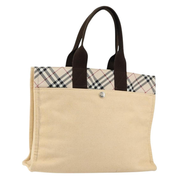 BURBERRY Nova Check Blue Label Tote Bag Nylon Beige Silver Auth bs30763