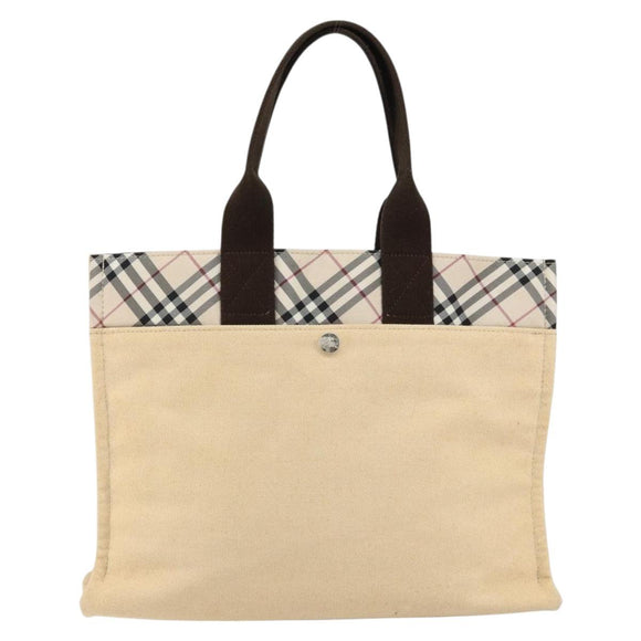 BURBERRY Nova Check Blue Label Tote Bag Nylon Beige Silver Auth bs30763
