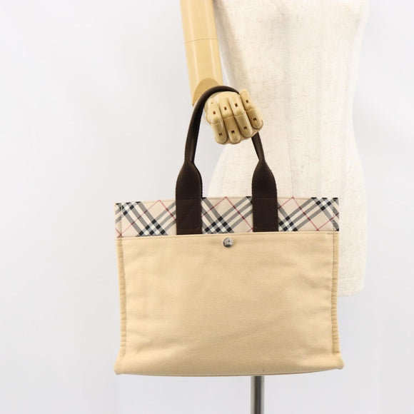 BURBERRY Nova Check Blue Label Tote Bag Nylon Beige Silver Auth bs30763