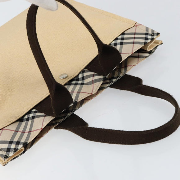 BURBERRY Nova Check Blue Label Tote Bag Nylon Beige Silver Auth bs30763