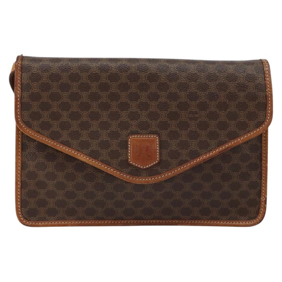 CELINE Macadam Canvas Shoulder Bag PVC Leather Beige Gold Auth bs30777