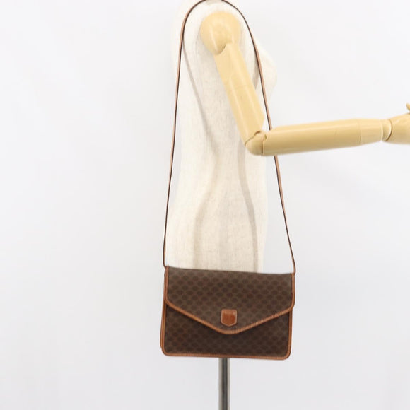 CELINE Macadam Canvas Shoulder Bag PVC Leather Beige Gold Auth bs30777