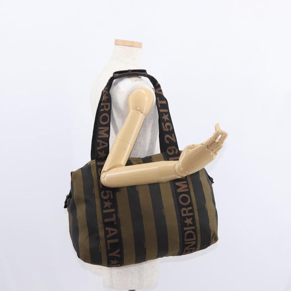 FENDI Pecan Canvas Handtas Nylon Zwart Bruin Auth bs30795