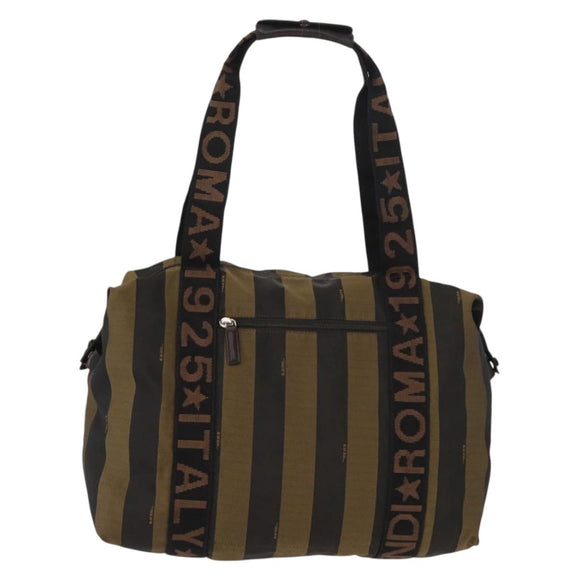 FENDI Pecan Canvas Handtas Nylon Zwart Bruin Auth bs30795
