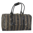 FENDI Pecan Canvas Boston Bag PVC Black Brown gold Auth bs30798-1