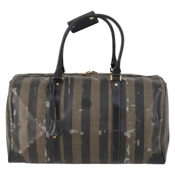 FENDI Pecan Canvas Boston Bag PVC Black Brown gold Auth bs30798