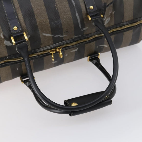 FENDI Pecan Canvas Boston Bag PVC Black Brown gold Auth bs30798