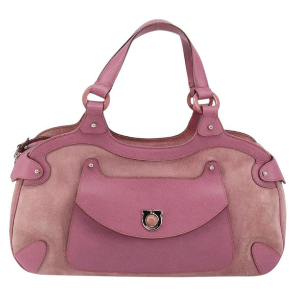 Salvatore Ferragamo Gancini Hand Bag Suede Leather Pink Silver Auth bs30801