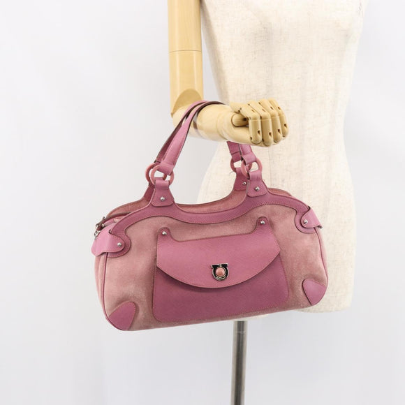 Salvatore Ferragamo Gancini Hand Bag Suede Leather Pink Silver Auth bs30801
