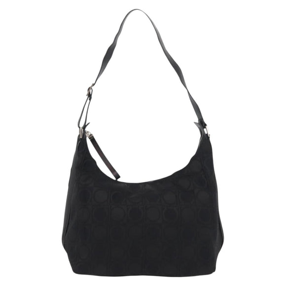 Salvatore Ferragamo Gancini Shoulder Bag Leather Nylon Black Silver Auth bs30802
