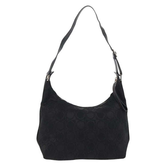 Salvatore Ferragamo Gancini Shoulder Bag Leather Nylon Black Silver Auth bs30802