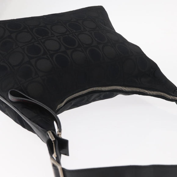 Salvatore Ferragamo Gancini Shoulder Bag Leather Nylon Black Silver Auth bs30802