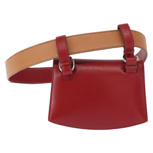 HERMES Waist Bag Leather Red Silver Auth bs30804