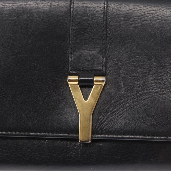 SAINT LAURENT Y Logo Long Wallet Leather Black Gold Auth bs30811