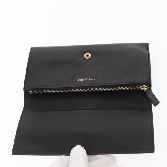 SAINT LAURENT Y Logo Long Wallet Leather Black Gold Auth bs30811