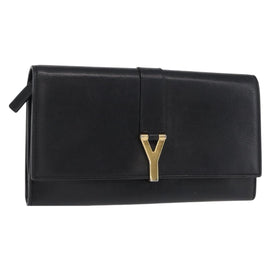 SAINT LAURENT Y Logo Long Wallet Leather Black Gold Auth bs30811
