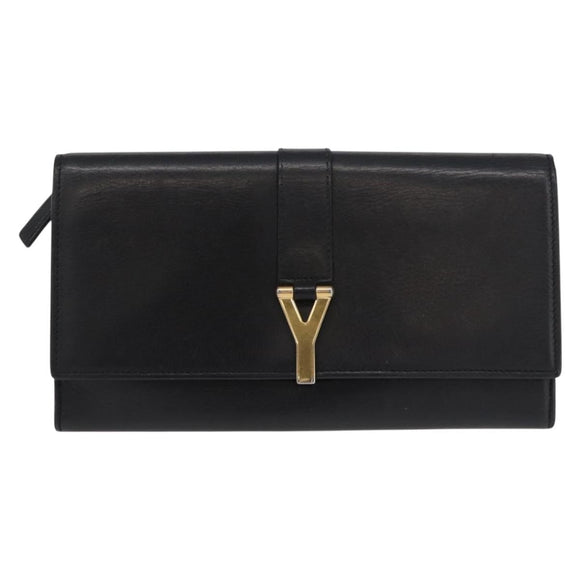 SAINT LAURENT Y Logo Long Wallet Leather Black Gold Auth bs30811