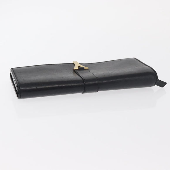 SAINT LAURENT Y Logo Long Wallet Leather Black Gold Auth bs30811