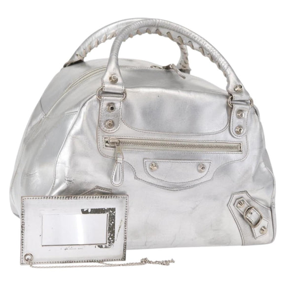 BALENCIAGA Grease Hand Bag Leather Silver 203249 Auth bs30812
